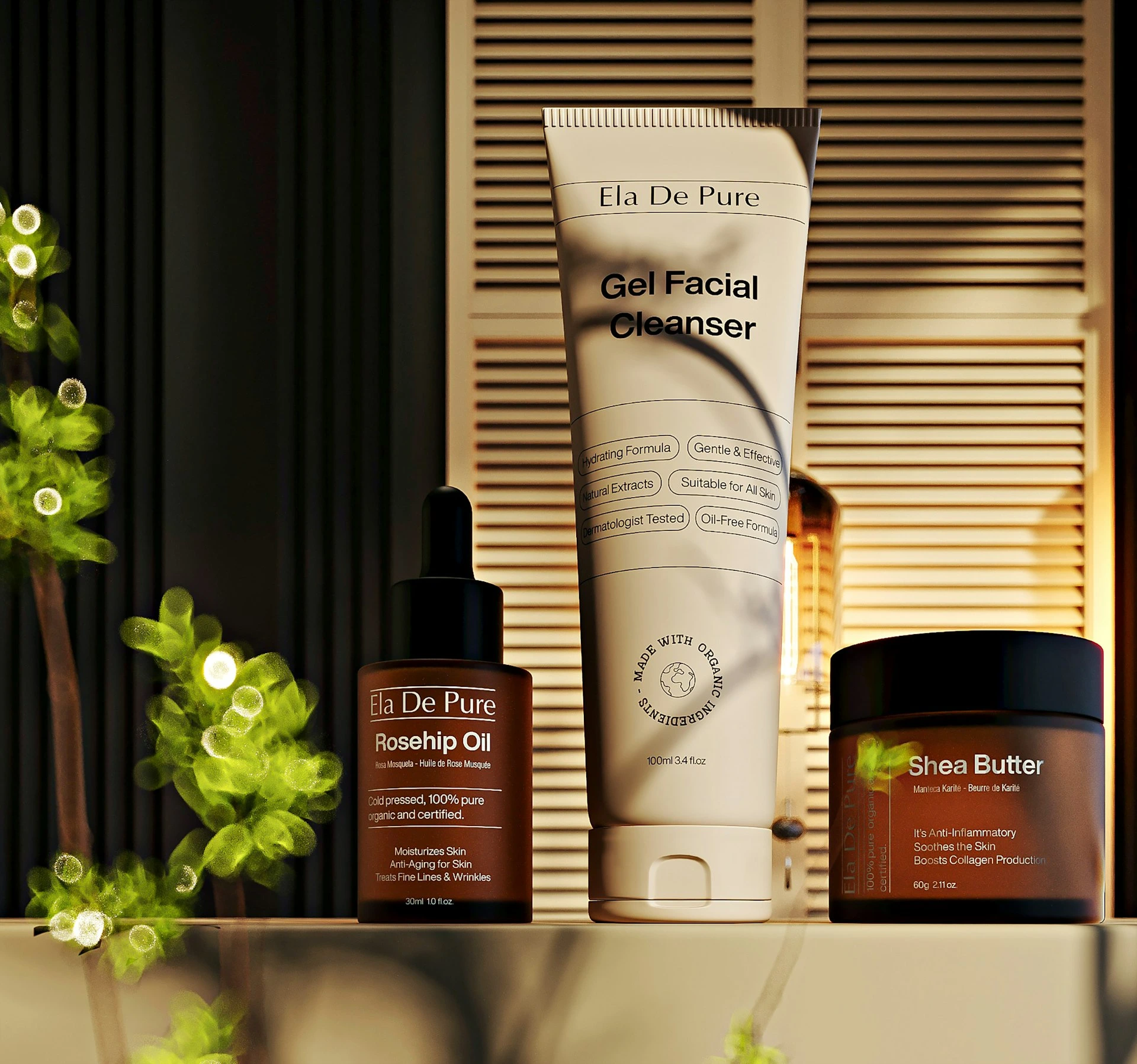 Three skincare products arranged on a shelf.